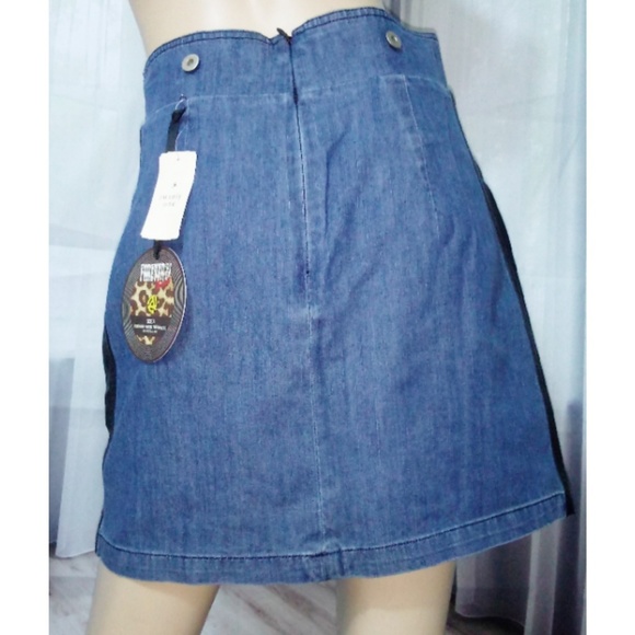 High waist denim jean corset leather panel skirt - Picture 5 of 6